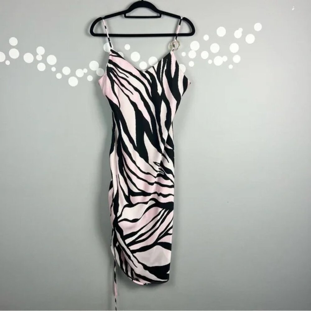 River Island Zebra Print Satin Slip Dress Ring Strap Ruched Side Cami Size 14